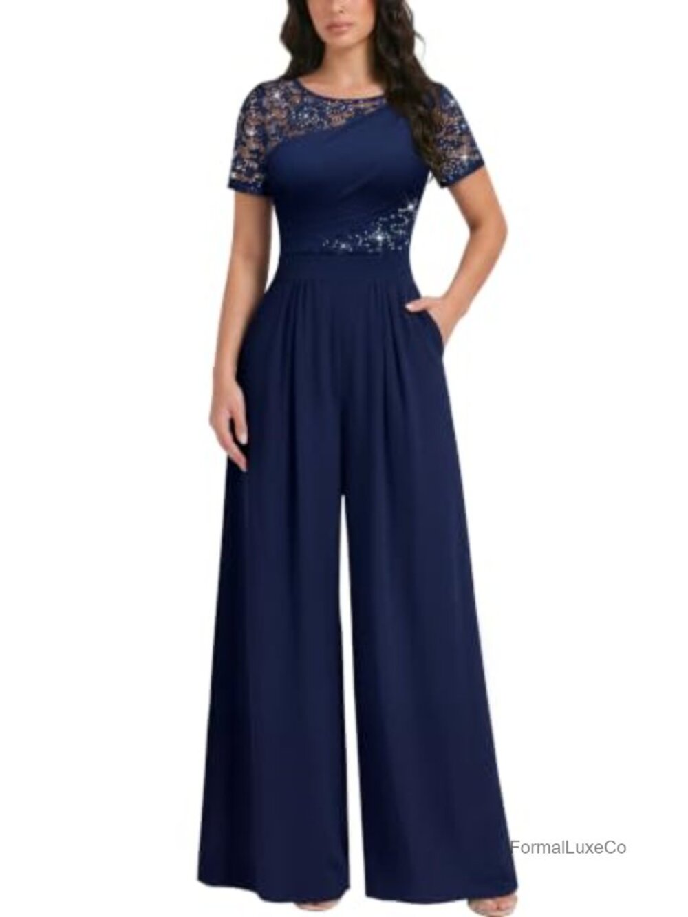 Women's Sequin Lace Wide Leg Formal Jumpsuit with Pockets Short Sleeve